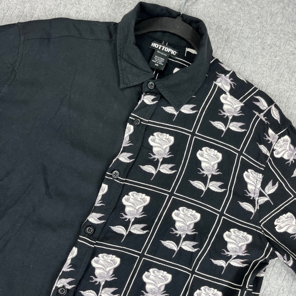 Hot Topic Goth Core Death Rock Button Up Shirt Men m Black Rose Emu Rayon